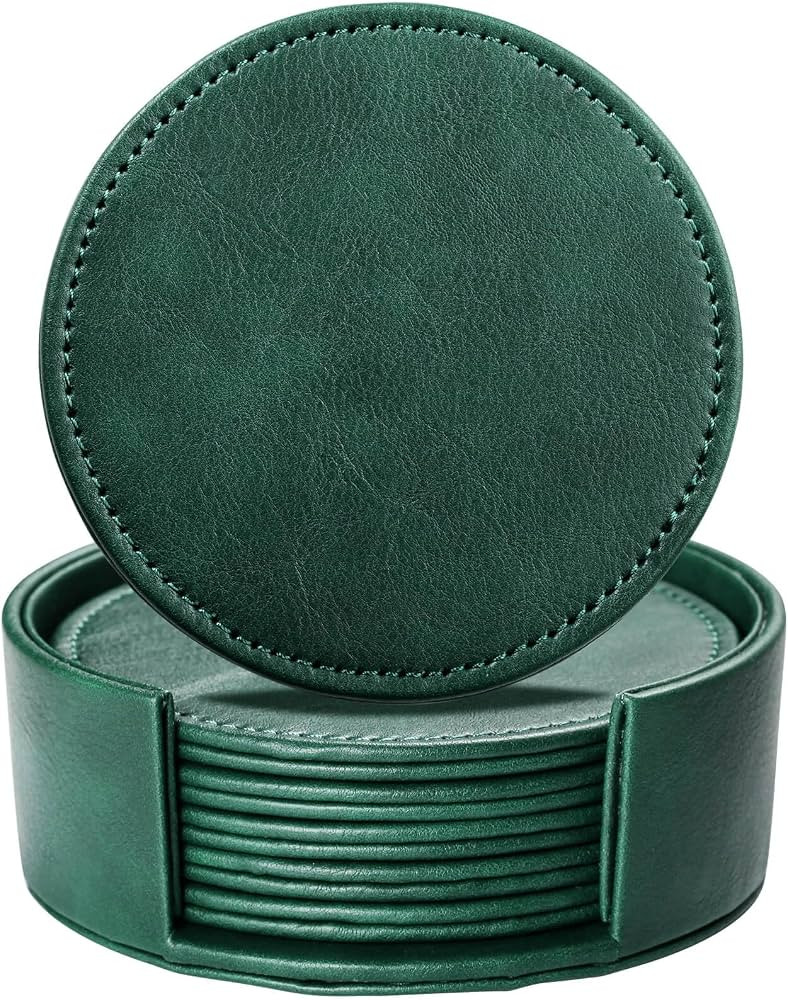 Leather Coasters for Drinks, 4" Drink Coasters Set of 6 with Holder for Tabletop Protection, Hand... | Amazon (US)