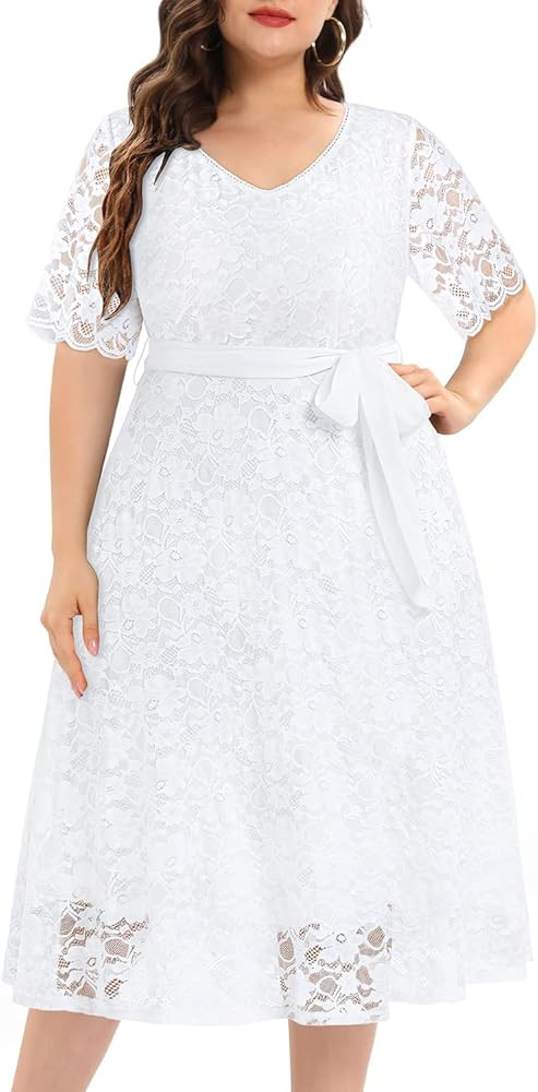 Women Plus Size Lace Bridal Shower Wedding Guest Cocktail Semi Formal V Neck Short Sleeve Midi Dr... | Amazon (US)