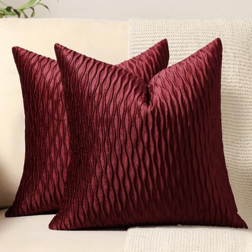 DEZENE Burgundy 16 x 16 Inch Throw Pillow Covers: 2 Pack Inch Original Striped Velvet Square Decorative Pillow Cases for Farmhouse Couch | Amazon (US)
