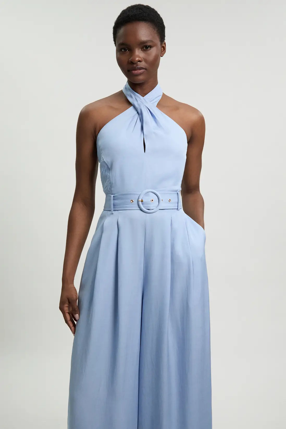 Blue Premium Viscose Linen Cross Front Halter Belted Woven Wide Leg Jumpsuit | Karen Millen | Karen Millen