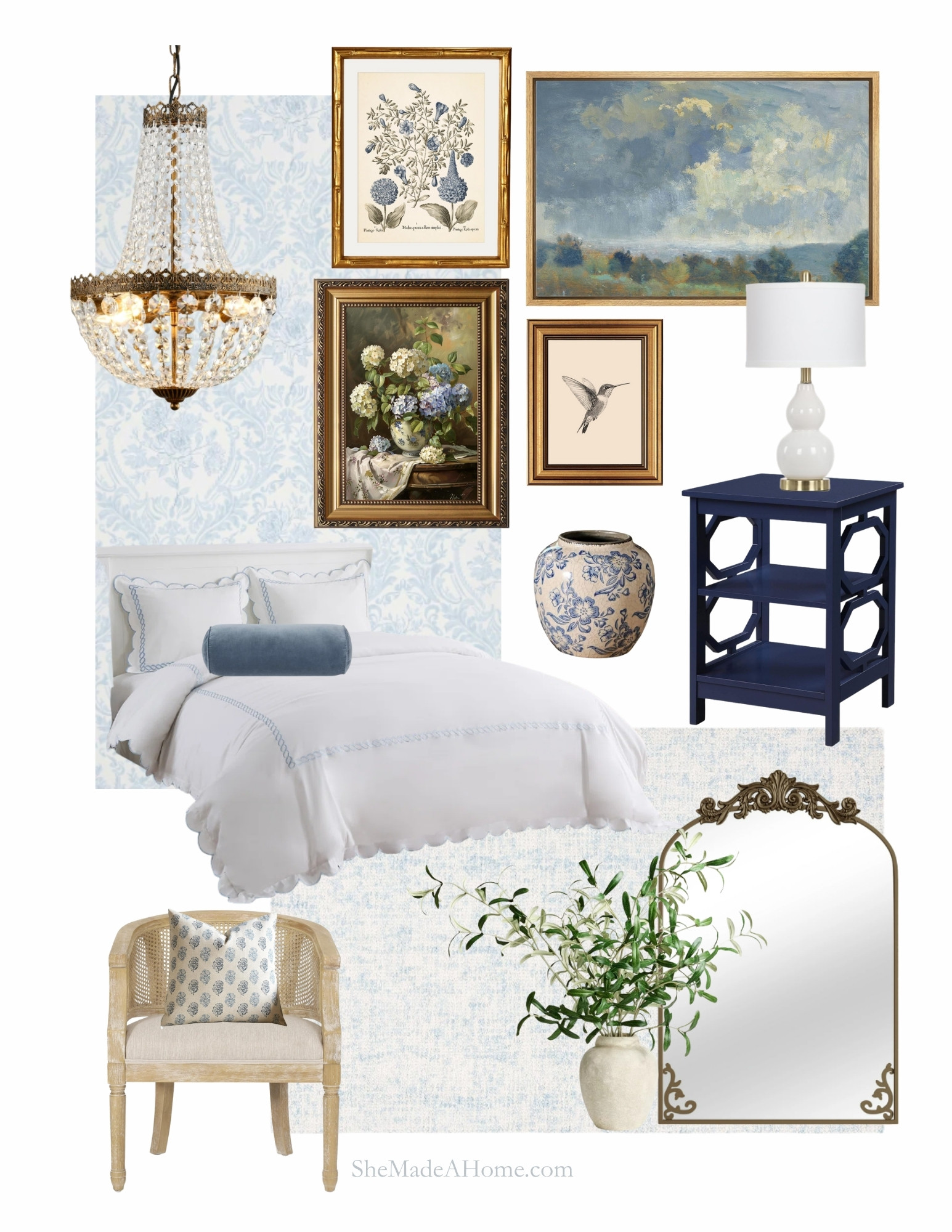 Elegant & Timeless Young Girl’s Bedroom in Blue & White 💙🤍
This sweet and sophisticated bedroom blends timeless blue-and-white accents with a touch of vintage charm. Featuring a scalloped white duvet, classic botanical artwork, and a sparkling crystal chandelier, it’s a room that feels both grown-up and whimsical — perfect for a young girl to enjoy now and love for years to come.

From the caned chair and ginger jar to the ornate gold mirror and rich navy nightstand, every detail adds layers of charm and personality.

🛏 Shop the exact pieces I used to create this fresh, timeless bedroom look — all linked below so you can bring this dream room to life.

#LTKHome #GirlsRoomDecor #BlueAndWhiteBedroom #TimelessBedroom #ClassicStyle #SheMadeAHome #RoomRecipe #BudgetFriendlyHome #ShopTheLook #ElegantBedroom

 

 #LTKHome