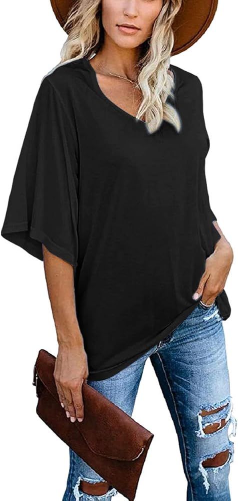 Yidarton Women’s Bell Sleeve T-Shirt V Neck Flowy Shirts Short Sleeve Summer Tunic Tops | Amazon (US)