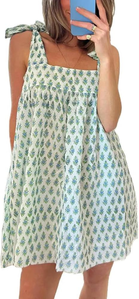 Women Floral Tie Shoulder Mini Dress Cute Square Neck Loose Fit Beach Short Dress Backless Boho V... | Amazon (US)