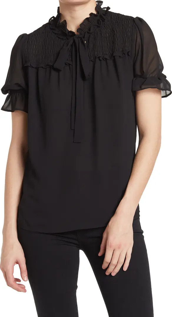 Smocked Tie Neck Short Sleeve Blouse | Nordstrom Rack