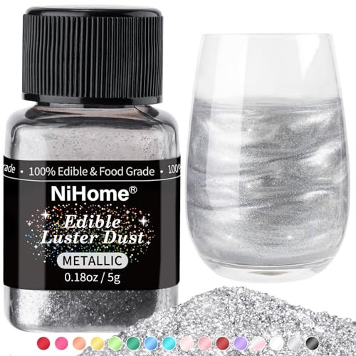 NiHome Edible Food-Grade Glimmer Powder Glitter Luster Dust Food Decorating Sprinkle Dust for Drink Wine Beverage Cake Candy Dessert Home Bakery Restaurant Vegan Allergen-Free (0.18oz/5g, Metallic) | Amazon (US)