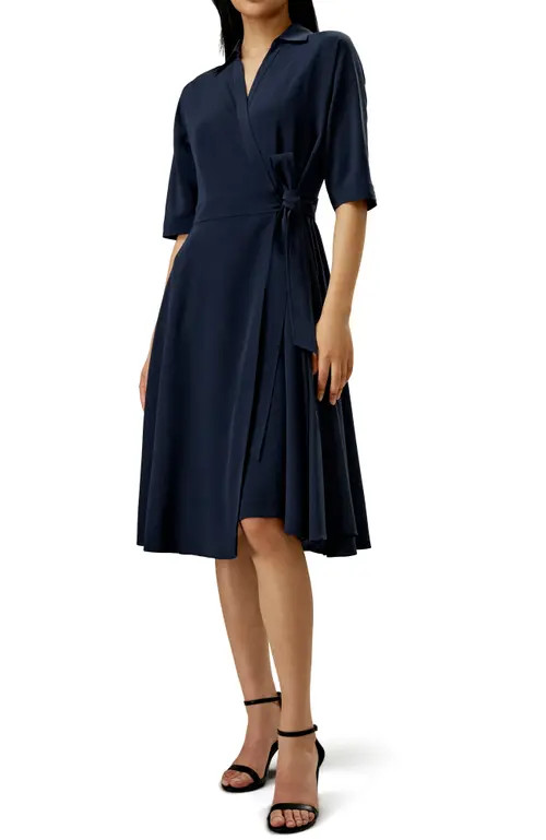 Lilysilk Front Tie Wrap Silk Dress in Navy Blue at Nordstrom, Size Large | Nordstrom