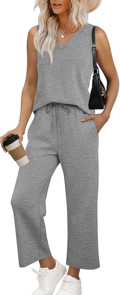 WIHOLL Two Piece Set for Women Summer Outfits Vacation Trendy Lounge Sets V Neck Matching Sets | Amazon (US)