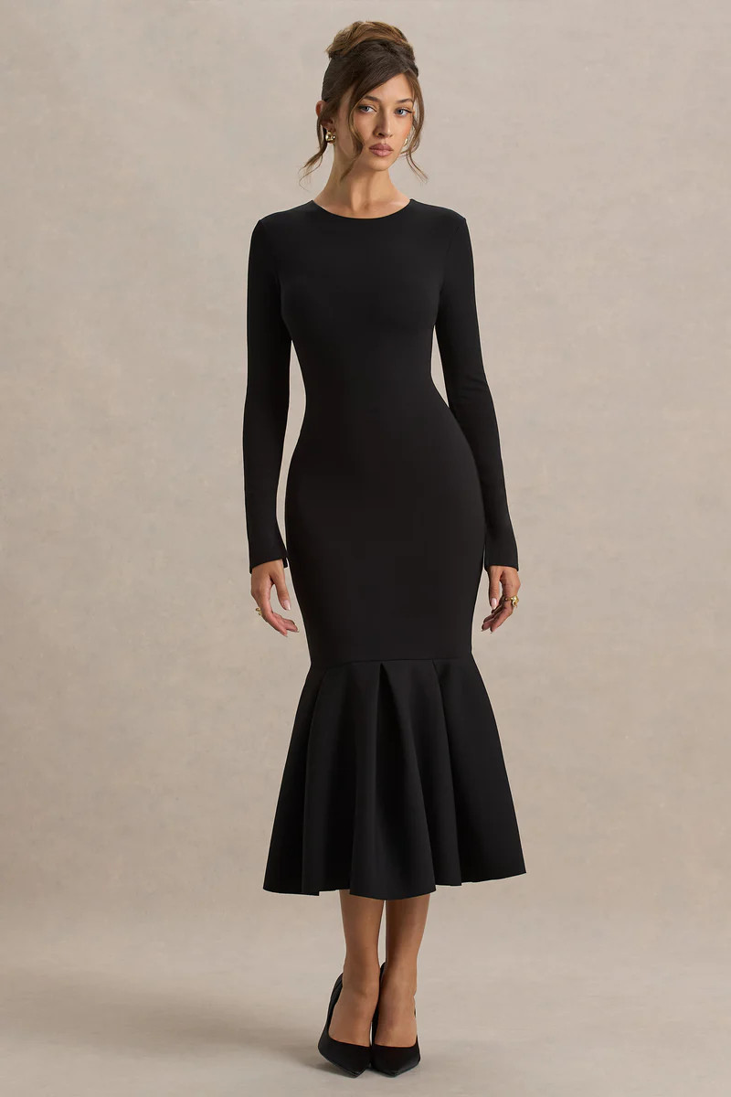 Liberty  Black High Neck Mermaid Midi Dress With Ruffling Detail | Club L London