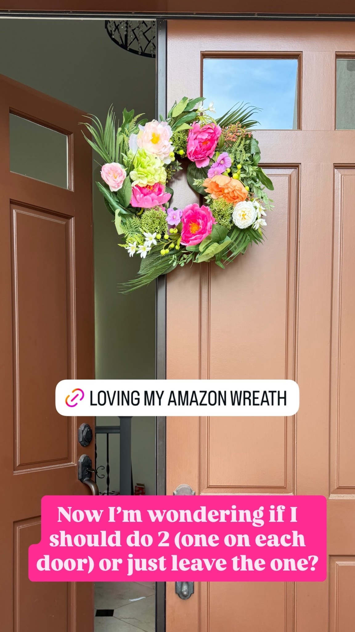 Love this pretty tropical floral wreath for my front door!!  Now I’m wondering if I should do 2 (one on each door) or just leave the one?

#LTKSeasonal #LTKHome