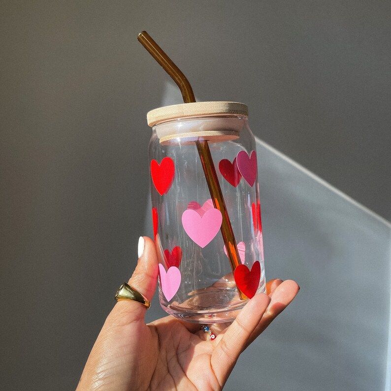 Valentines Glass Cup Hearts Glass Cup Gift for Her Iced | Etsy | Etsy (US)