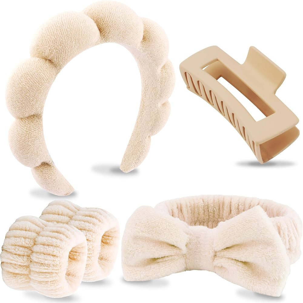 VELSCRUN 5 Pcs Khaki Puffy Sponge Spa Headband Bow Tie Hair Band Hair Clips Wristband Set, Spa He... | Amazon (US)