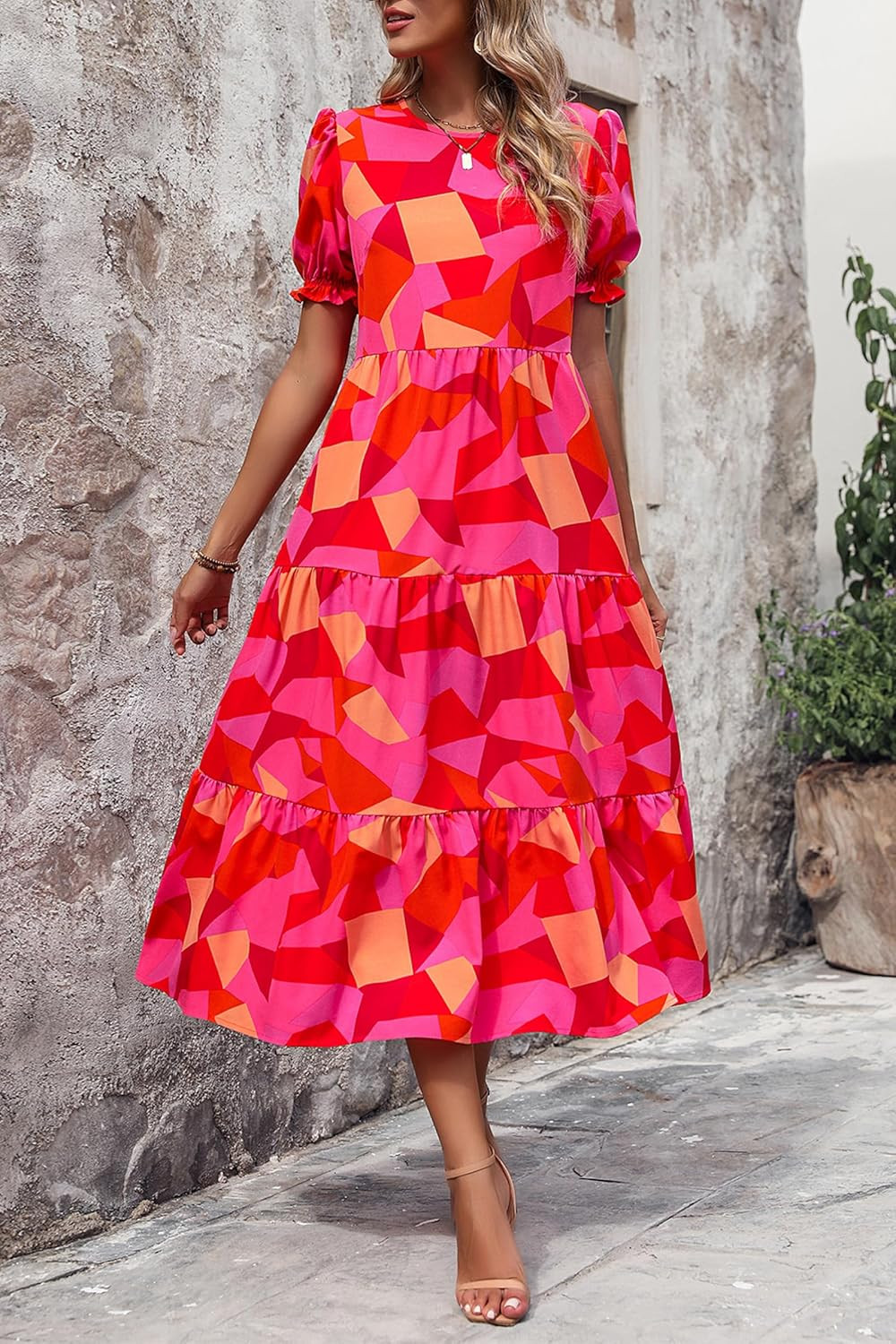 PRETTYGARDEN Women's Summer Casual Boho Dress Floral Print Ruffle Puff Sleeve High Waist Midi Bea... | Amazon (US)