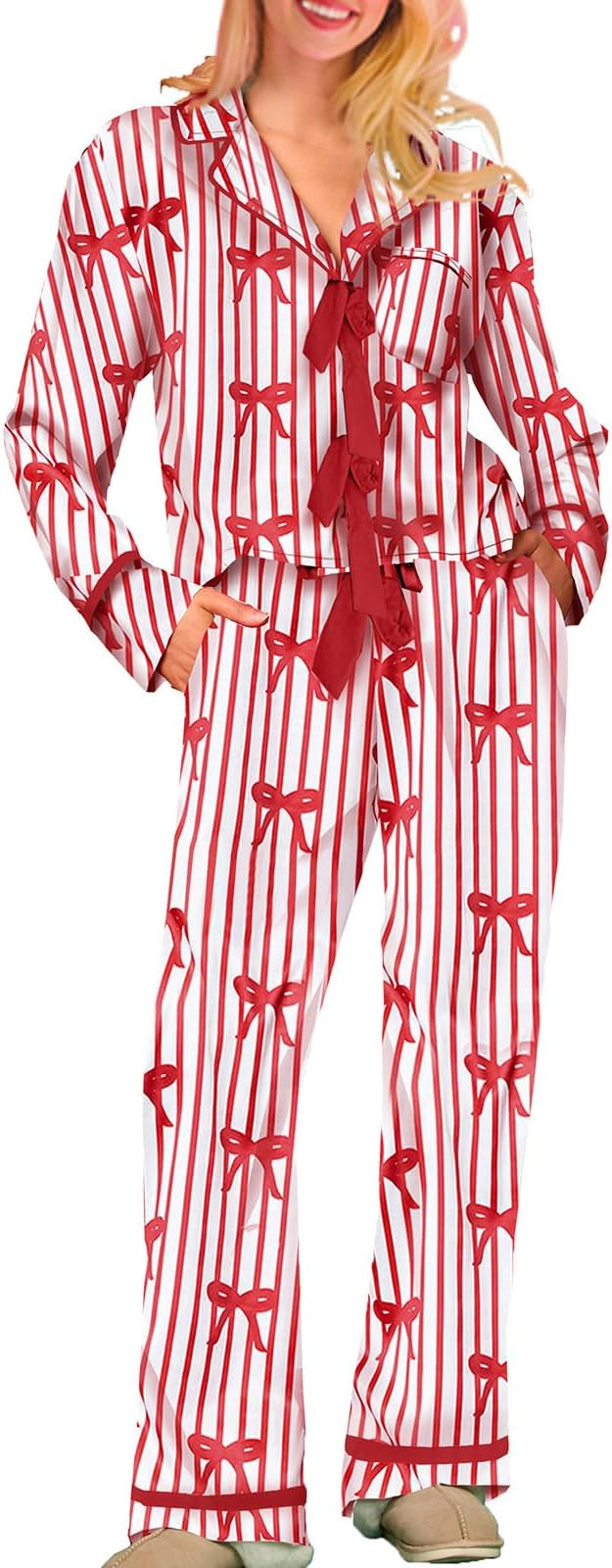 Aopwsrlyi Christmas Pajamas for Women Set Bow Tie Long Sleeve Shirt and Pants 2 Pcs Pjs Set Satin... | Amazon (US)