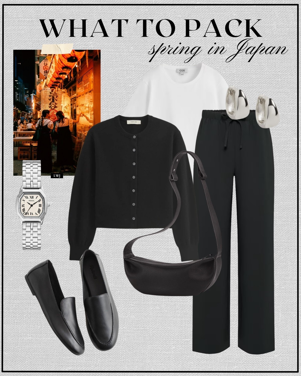 spring outfit inspo for japan

black cropped cardigan / tee / aritzia lodge pants / minimal loafers / silver watch / silver accessories / dinner outfit  

 

#LTKTravel