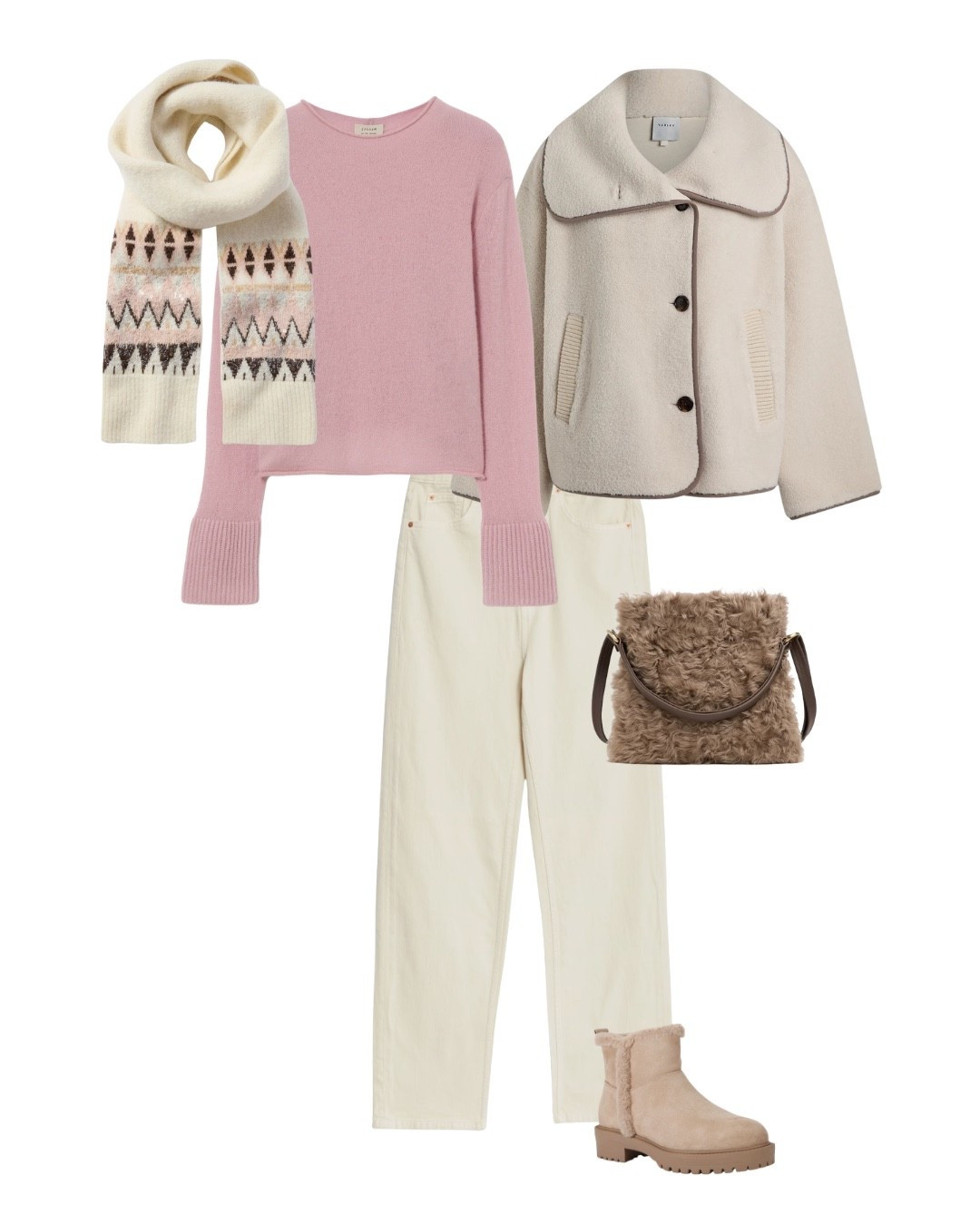 Winter white and pink soft colour mix. Add texture with cashmere sweater, fleece jacket and faux fur bag

#LTKuk #LTKstyletip #LTKover50style