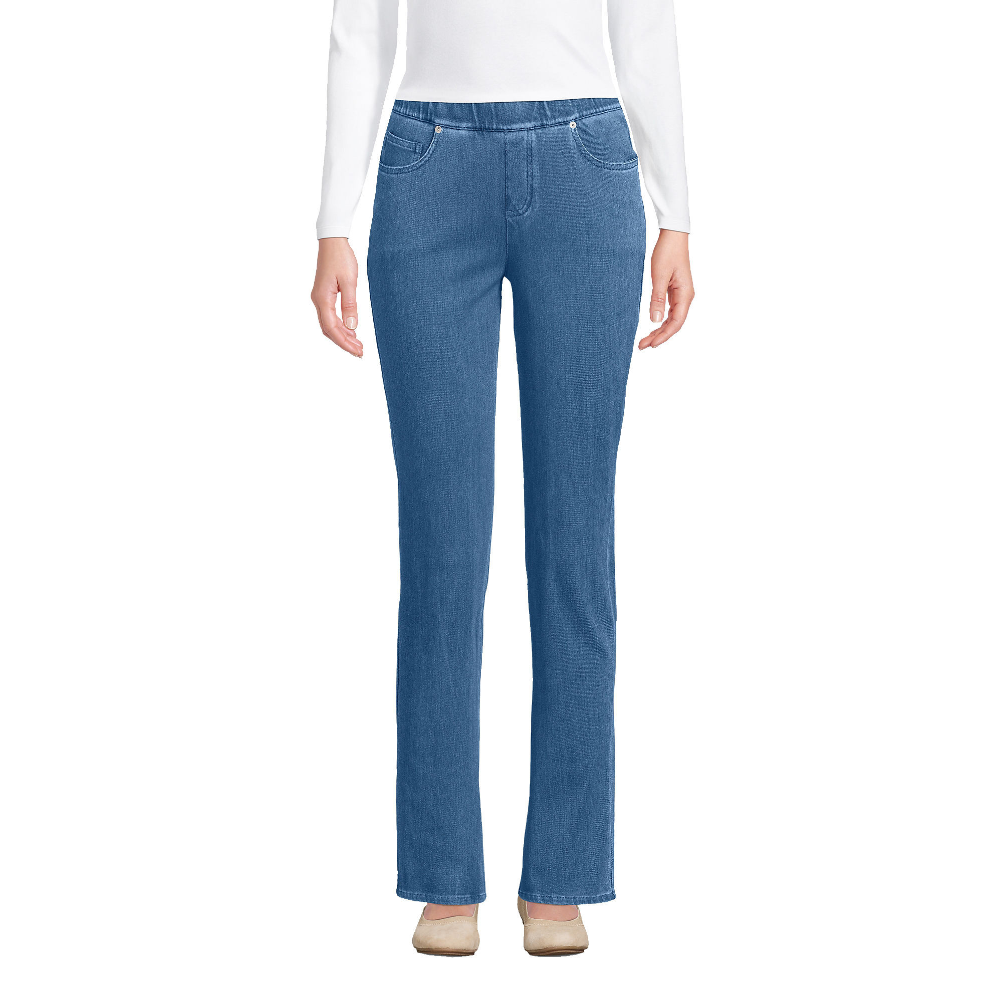 Women's Starfish Mid Rise Pull On Knit Denim Straight Jeans | Lands' End (US)