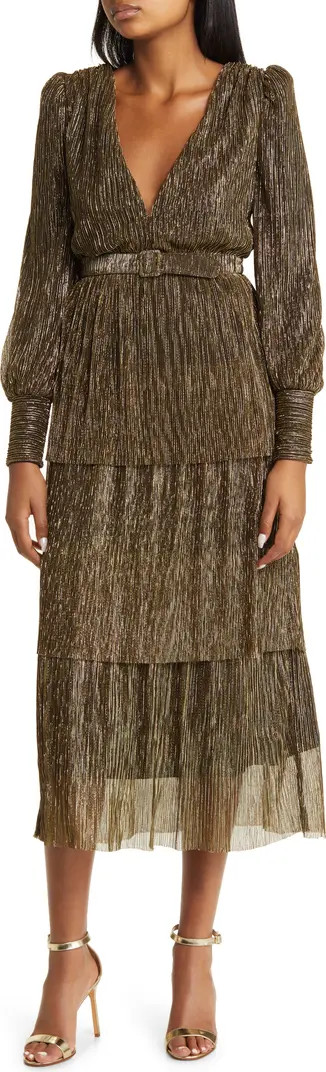 Jewel Badgley Mischka Metallic Long Sleeve Tiered Cocktail Midi Dress | Nordstrom | Nordstrom