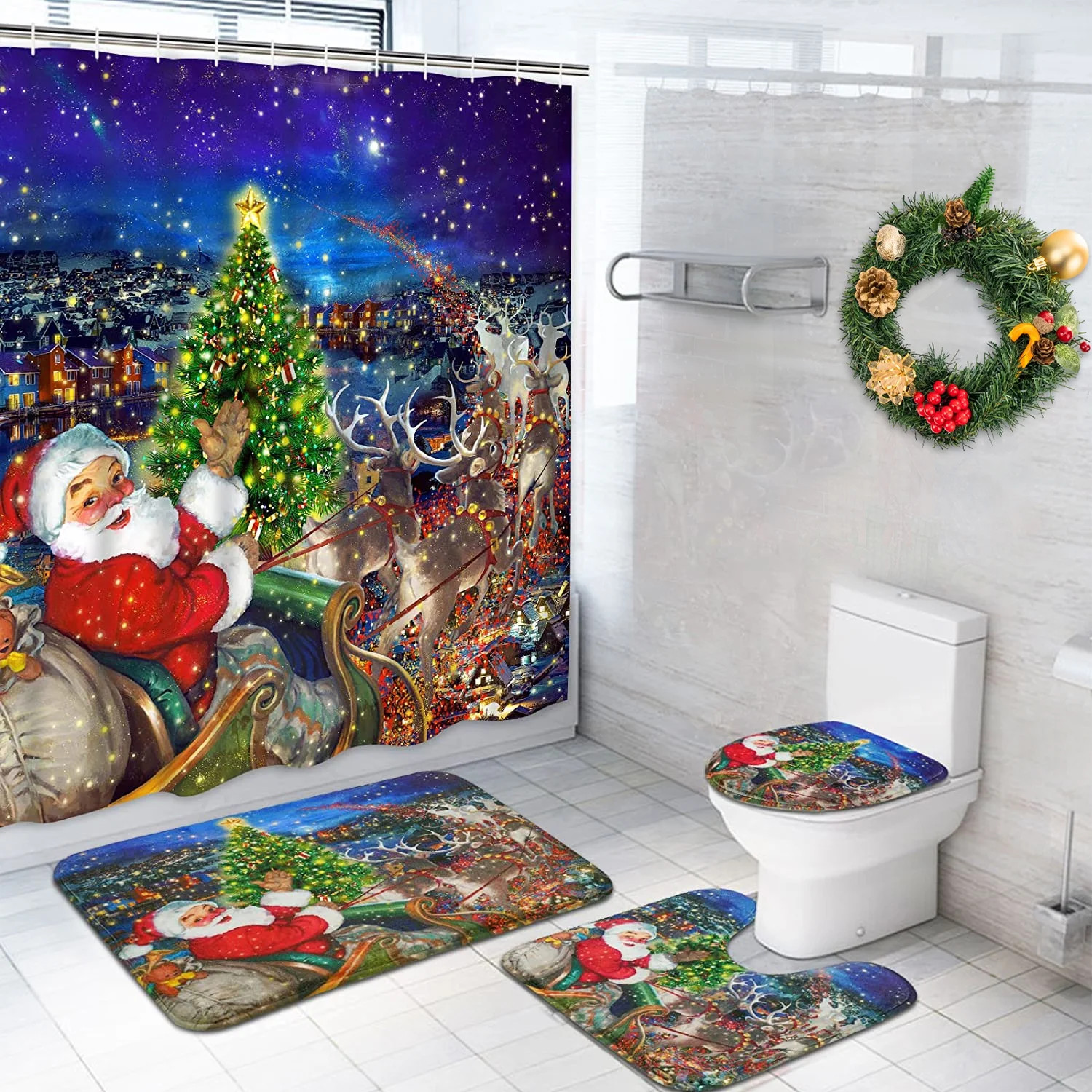 FRAMICS Christmas Shower Curtain Sets with Rugs, 16 Pc Santa Reindeer Bathroom Sets, Xmas Tree Wa... | Walmart (US)