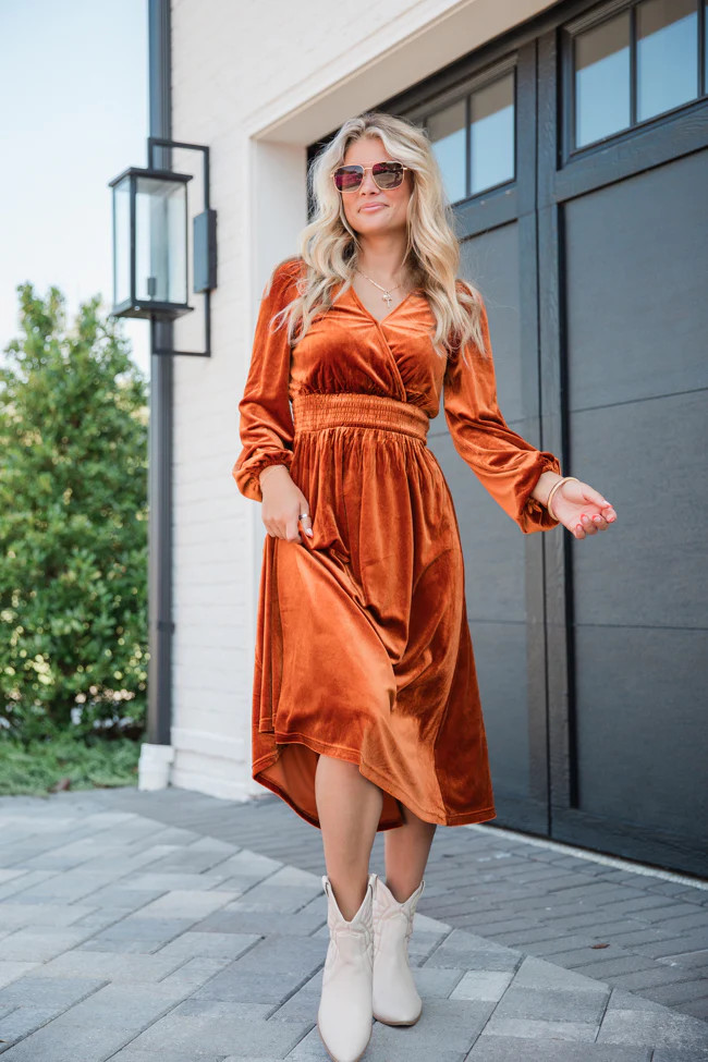 Love Made Me Rust Velvet Surplice Midi Dress | Pink Lily