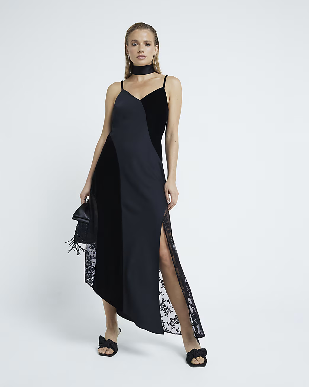 Black Satin Velvet And Lace Slip Dress | River Island (UK & IE)