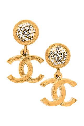 FWRD Renew Chanel Coco Mark Rhinestone Earrings in Gold | FWRD | FWRD 