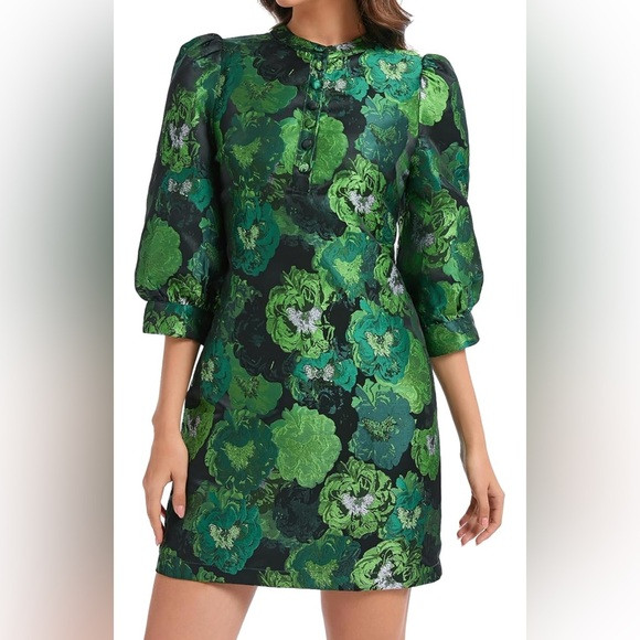 Chic jacquard elegant Green Floral Long Sleeve Dress New | Poshmark