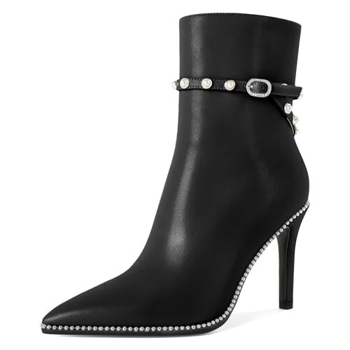 SAMMITOP Women's Pointed Toe Stiletto High Heel Ankle Booties Fashion Pearl Buckle Strap Silver Beaded Boots Side Zipper Dress Sexy Short Boots 4 Inch Black US Size 7.5 | Amazon (US)