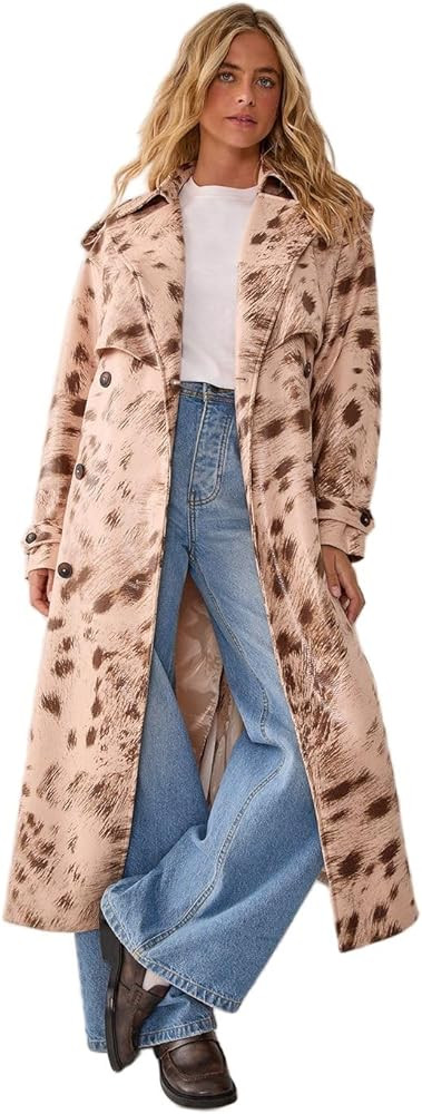 Nasty Gal Cow Print Faux Leather Trench Coat, 14, Cream | Amazon (UK)