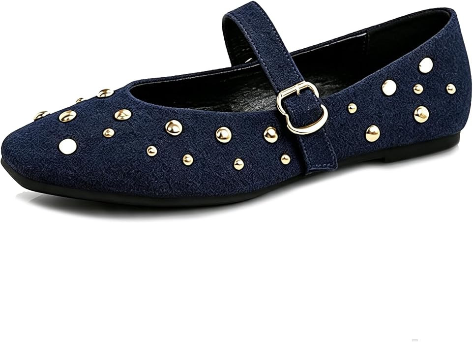 Women's Studded Mary Jane Flats Round Toe Buckle Strap Casual Ballet Shoes | Amazon (US)