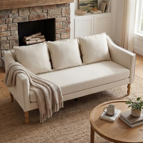 DM Furniture Farmhouse Couch for Living Room Country Rustic Loveseat with Antique Wood Legs for Bedroom 63" Long Sofa with One Piece Complete Cushion Seat for Apartment Dorm Loft, Cream White | Amazon (US)
