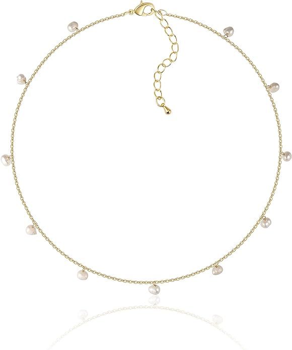 Cowlyn Pearl Necklace Pendant Tassel 14K Gold Plated Boho Collar Chain Short Choker Exquisite Cut... | Amazon (US)