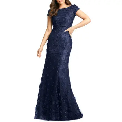 Mac Duggal Floral Applique Boat Neck Short Sleeve Gown in Midnight at Nordstrom, Size 16 | Nordstrom