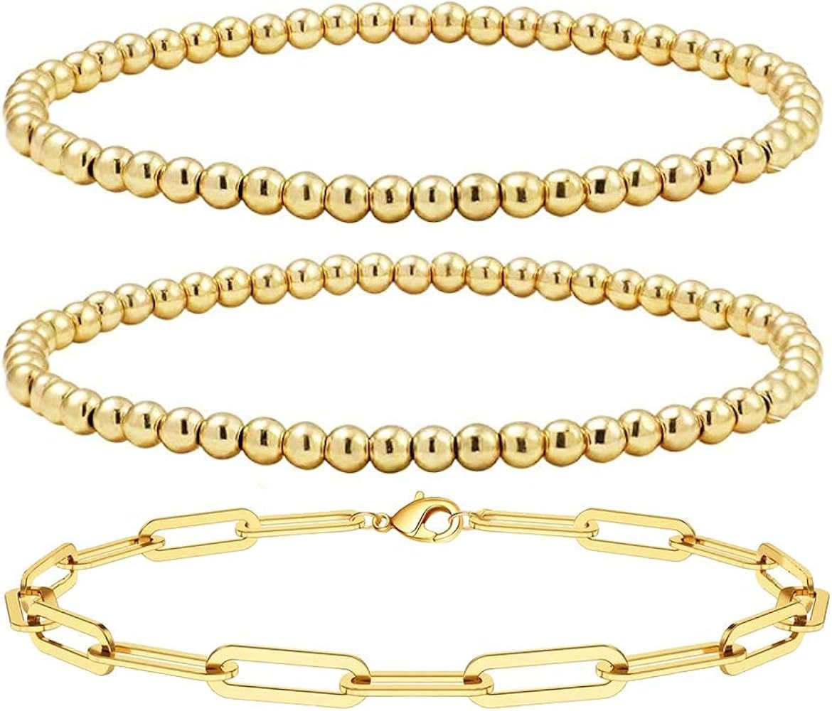Reoxvo Gold Layered Bracelets for Women,18K Gold Plated Beaded Ball Bracelets for Women Gold Stac... | Amazon (US)