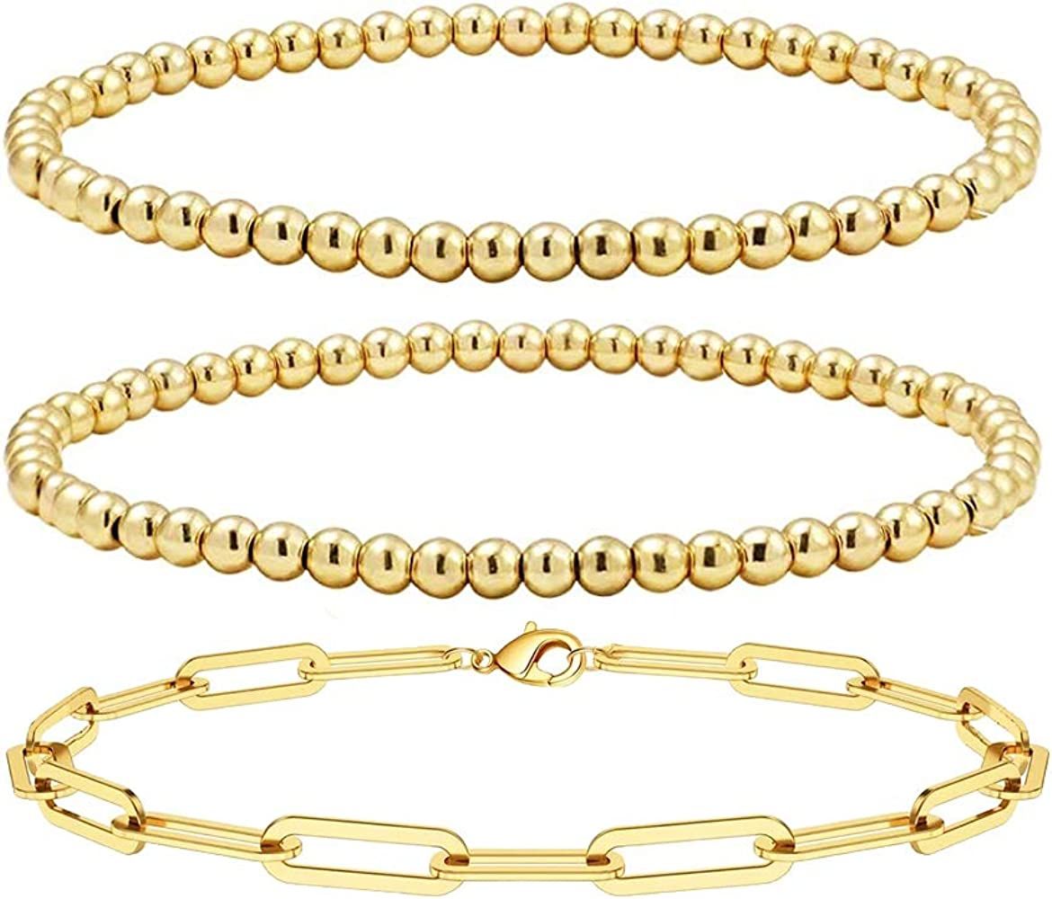Reoxvo Gold Layered Bracelets for Women,18K Gold Plated Beaded Ball Bracelets for Women Gold Stac... | Amazon (US)