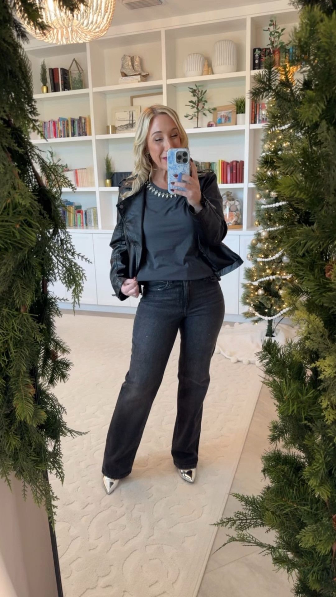 • Jewel embellished crewneck tee - size XS. 30% off.
• Black high-rise sparkle, relaxed, straight jean - size 4. 30% off.
• Faux leather moto jacket - size small (black) 50% off. 

#LTKHoliday #LTKWatchNow #LTKSeasonal