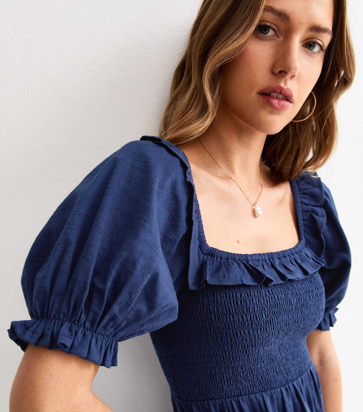 Navy Short Sleeve Shirred Frill Midi Dress | New Look | New Look (UK)
