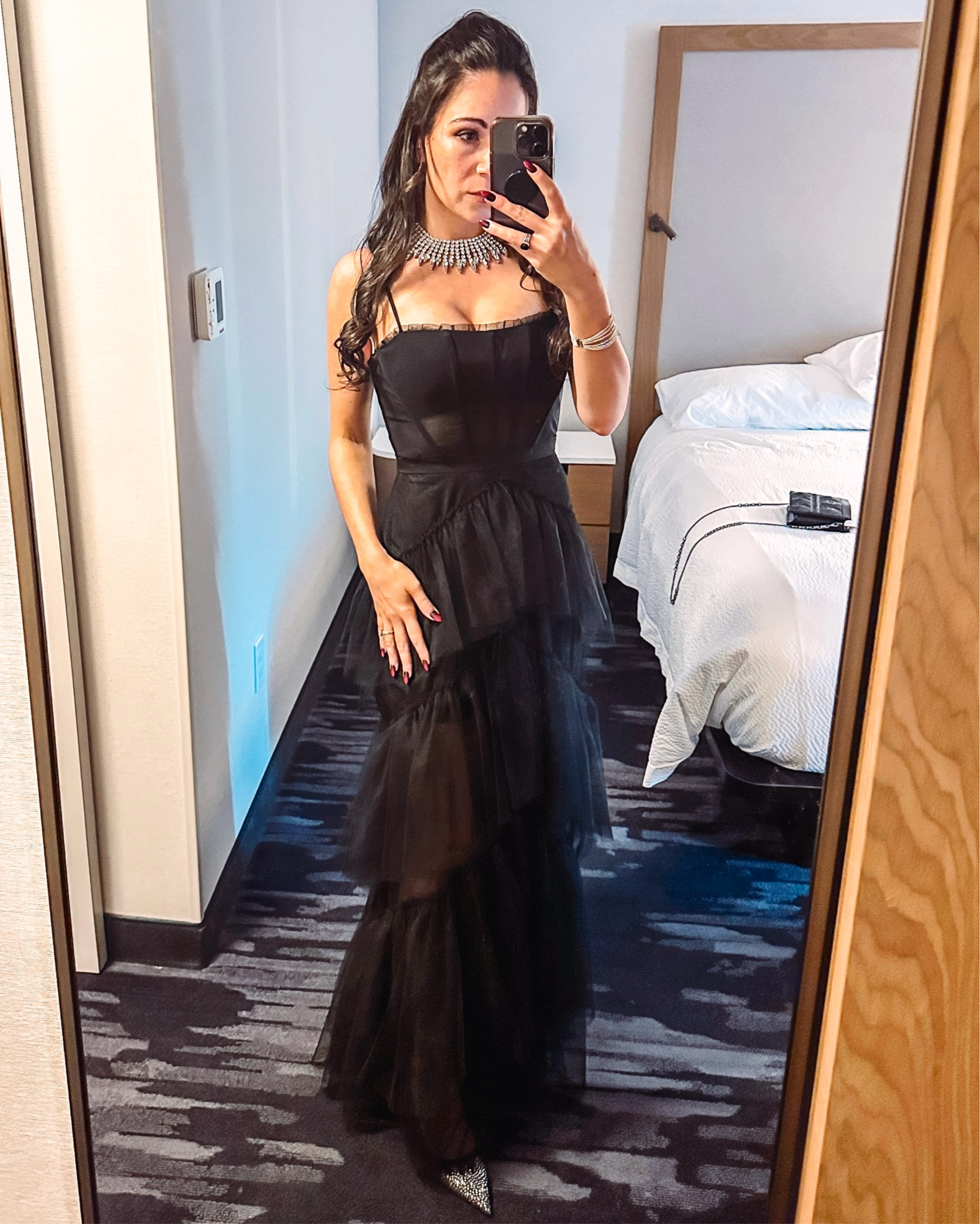 One of my favorite wedding guest looks ever. Gorgeous BCBG maxi dress with a tiered skirt, collar statement necklace, ombre nails, sparkly shoes to bring it all together. Perfect for an October wedding. 

#LTKWedding #LTKHalloween #LTKShoeCrush
