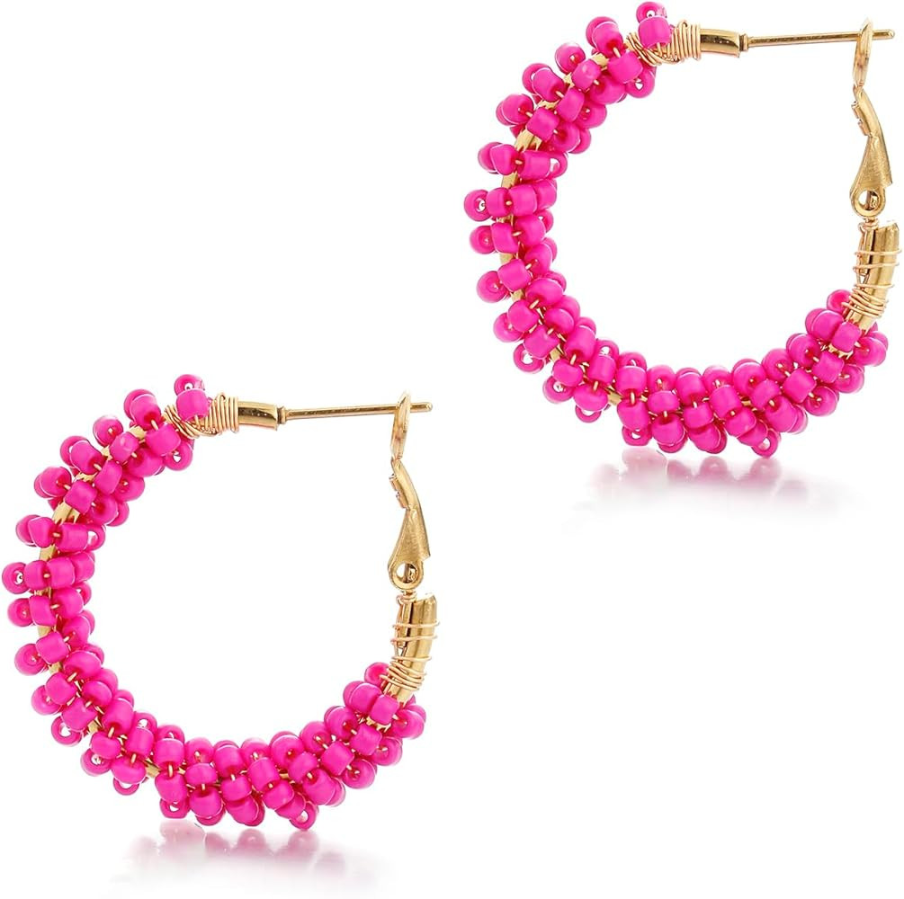 Flower Hoop Earrings, Boho Beaded Hoop Earrings Daisy Hoop Earrings Floral Hoop Earrings | Amazon (US)