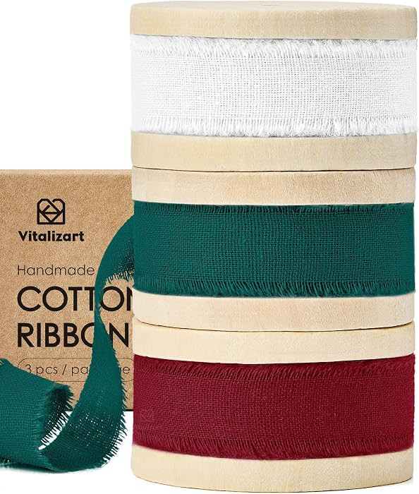 Vitalizart Christmas Ribbon Cotton Handmade Fringe 5/8" x 21 Yd Pure Natural Cotton Ribbons for G... | Amazon (US)