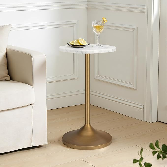 Aoligrace White Marble Drink Table,Small End Table with Metal Pedestal Stand,Antique Gold Cocktai... | Amazon (US)