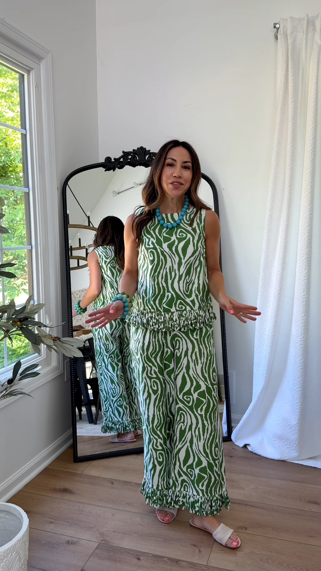 Xs top.  Small fringe pants. Zebra print. Matching set.

#LTKOver40 #LTKPetite