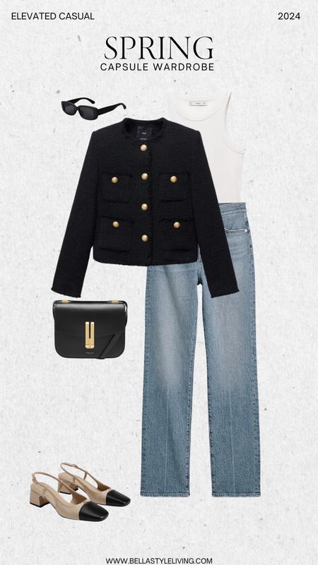 Elevated casual spring capsule wardrobe outfit idea. Pair blue jeans with white tank top and lady jacket from mango.

#LTKstyletip #LTKworkwear #LTKfindsunder100