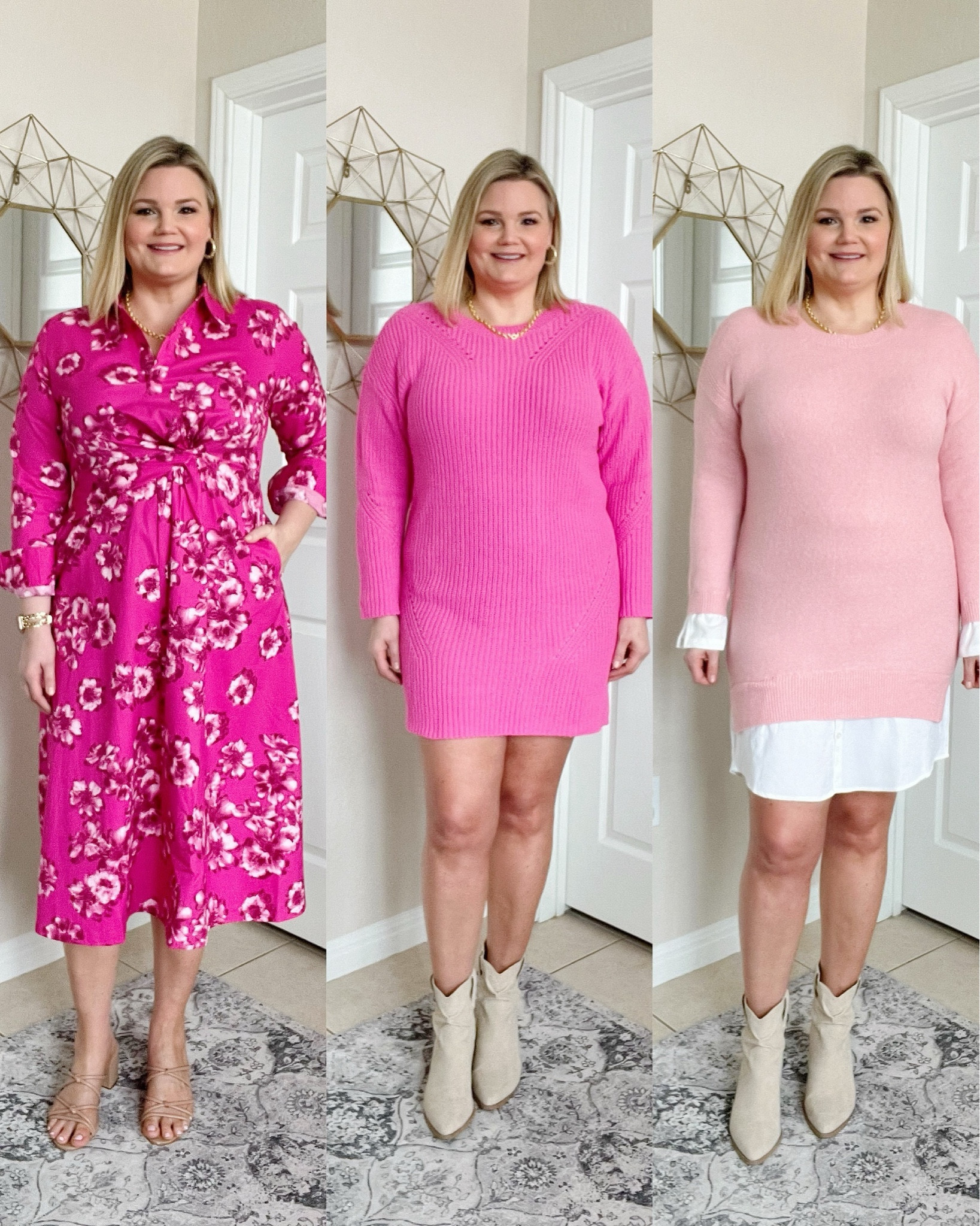 Walmart pink dresses for Valentine’s Day, Spring, Easter, work, etc! Floral dress fits true to size, I’m in the large. Bright pink sweater dress fits TTS but it’s short so may not be made for taller people. Light pink combo dress fits a little small, I’m in the large but need the XL. Workwear  

#LTKmidsize #LTKover40 #LTKSeasonal