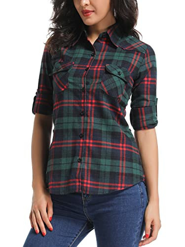 OCHENTA Women's Roll Up Sleeve Button Down Plaid Flannel Shirt Fall Casual Tops D024 Green Red 3XL | Amazon (US)