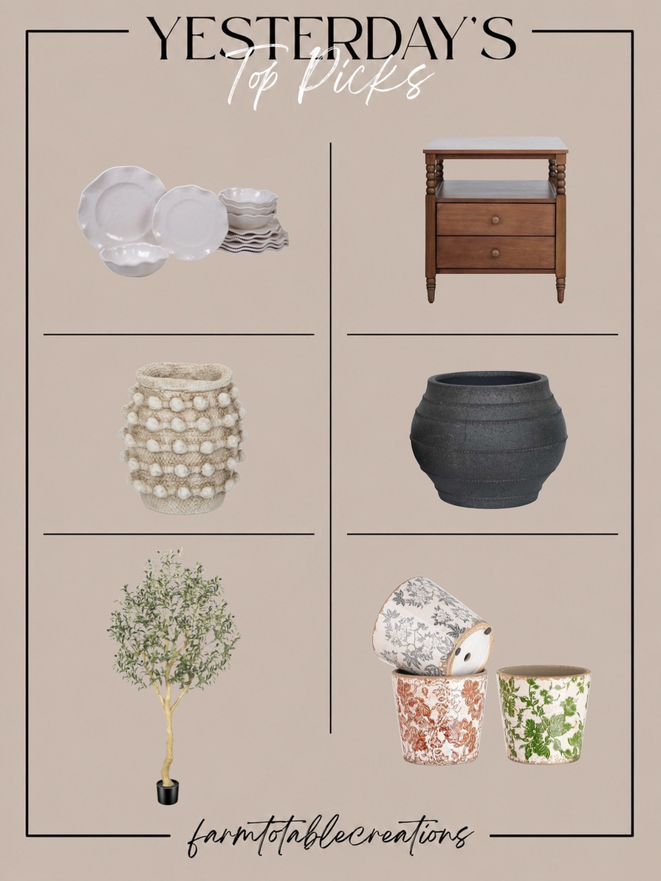 YESTERDAY’S TOP PICKS ✨

These are the home finds everyone was loving yesterday 👏🏼 From timeless kitchen pieces to cozy decor accents and planters that instantly elevate a space… every single one adds that warm collected look without the designer price tag. Loving how easy these pieces are to mix into any home for a cozy, elevated feel.

Follow @farmtotablecreations on Instagram for more home finds, styling ideas, and everyday decor inspiration 🤍

#homedecor #amazonhome #targethome #ltkhome #decorfinds

home decor | neutral home | cozy home | designer look for less | home styling | kitchen decor | decorative planters | faux olive tree | bedside table | neutral decor | cottage style | collected home | timeless decor | home inspiration | affordable decor | living room decor | kitchen finds | elevated home | home refresh | decor finds | amazon finds | target finds | cozy neutrals | interior styling | home details

#LTKHome #LTKSaleAlert