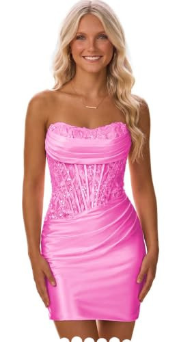 Short HOCO Dresses for Teens Corset Satin Pink Cocktail Party Gown | Amazon (US)