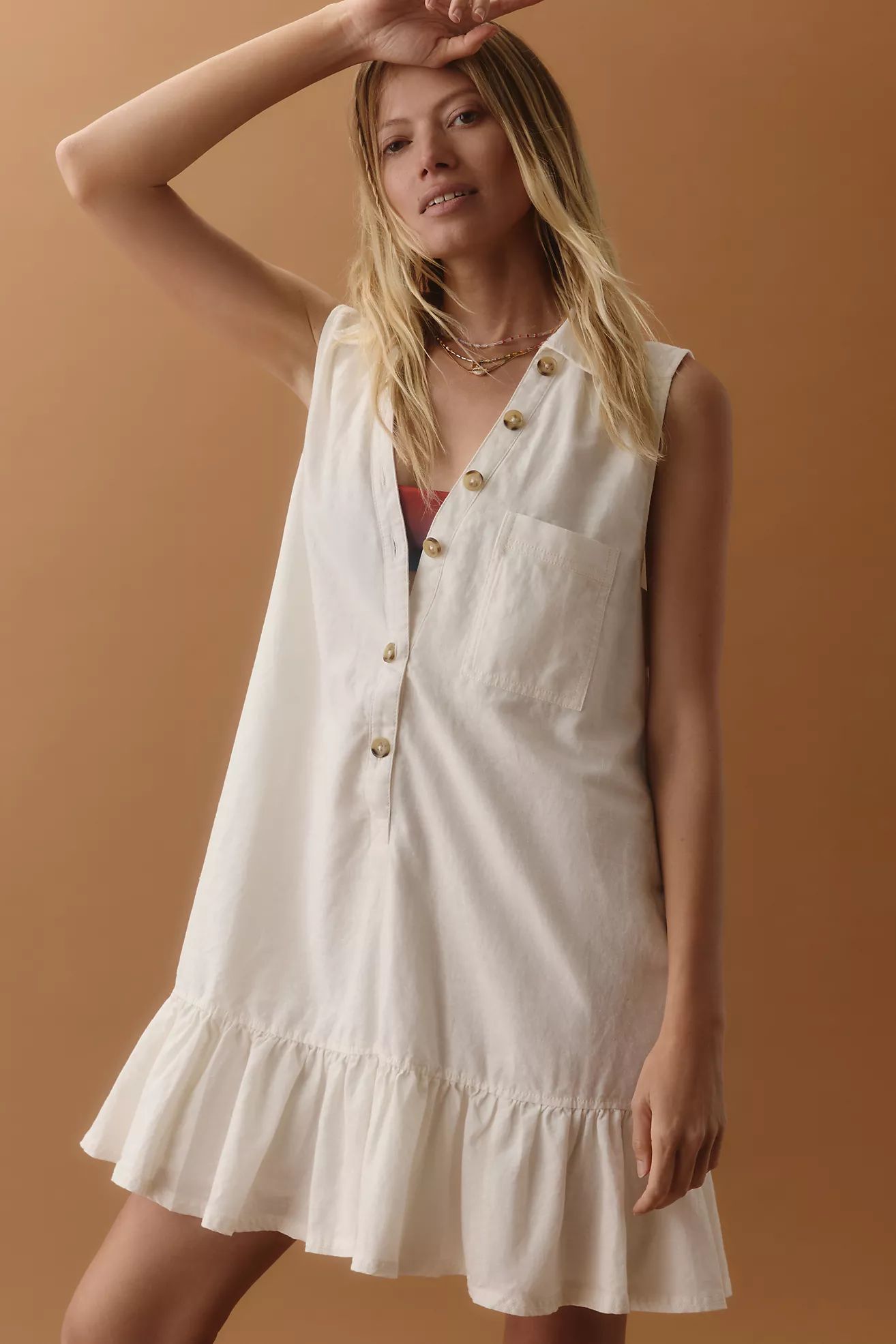 Pilcro Sleeveless V-Neck Linen Flounce Mini Dress | Anthropologie (US)