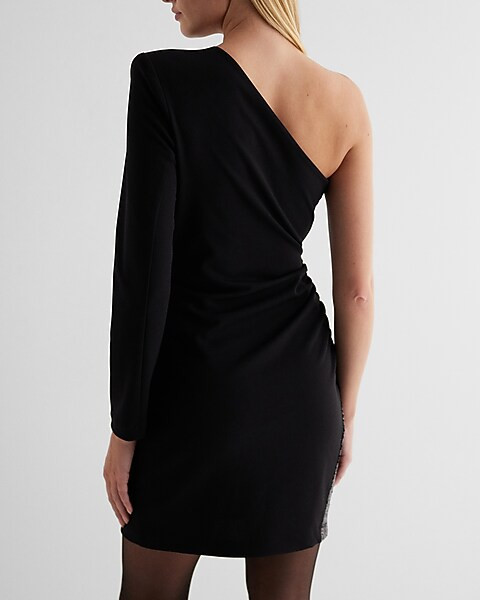 Sequin Pieced One Shoulder Mini Sheath Dress | Express