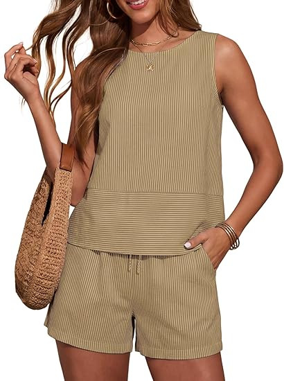 LOMON Women's Trendy 2 Piece Outfits Shorts Sets Summer Crew Neck Sleeveless Tank Top and Bottom ... | Amazon (US)