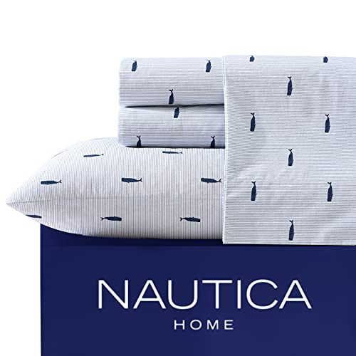 Nautica - Queen Sheets, Cotton Percale Bedding Set, Crisp & Cool, Coastal Home Decor (Whale Stripe Blue, Queen) | Amazon (US)